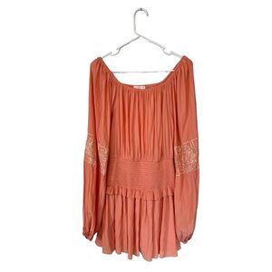 NWT Ramy Brook Peach Orange Long Embroidered Sleeve Ruched Elastic Waist Dress S